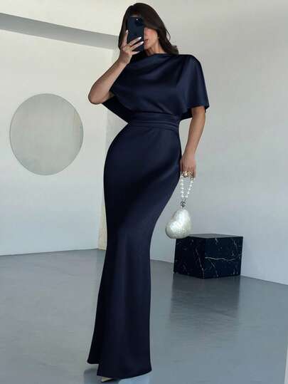 Firerie Women's Elegant Off-The-Shoulder Acetate Satin Mermaid Maxi Dress, Suitable For Parties, Celebrations And Other Occasions/Fall Women Clothes/Party Cocktail Dresses/Elegant And Sexy Nightclub Outfits/Festival Dresses/Dress For Wedding Guests/Wedding Guest Dress Elegant /Church Dress For Women/Date Night Outfits Women/Dating Dresses/