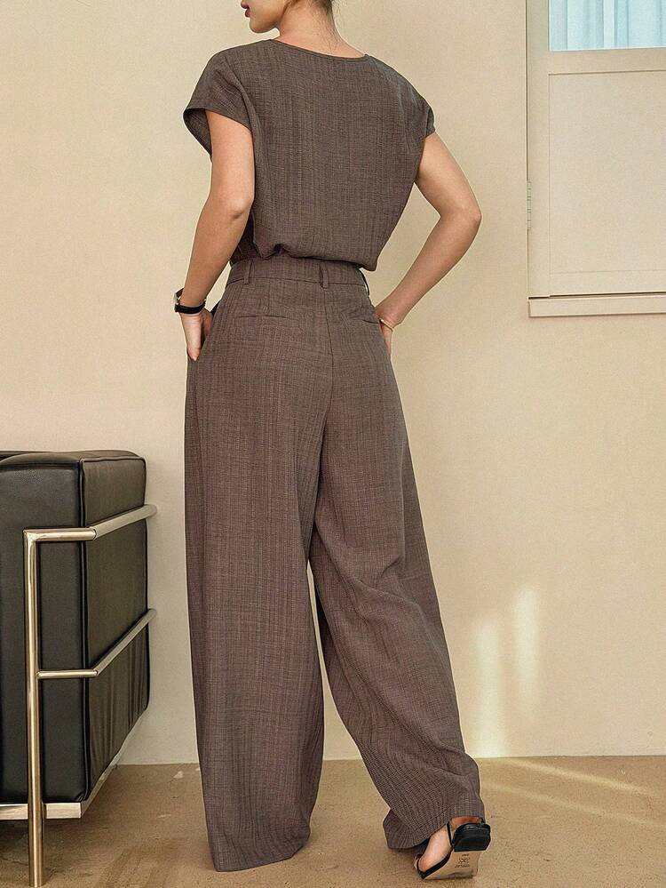 Women's Summer Casual/Office Solid Color Shirt And Pants 2 Pieces Set