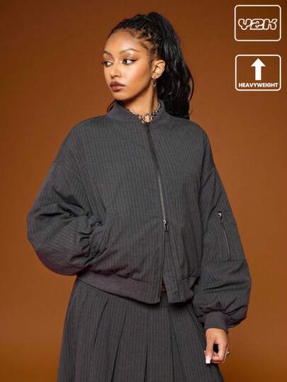 COUREZ Pinstripe Oversized Bomber Jacket /Y2K  Spring For Women Going Out Bomber Jacket Women Streetwear Party Festivals