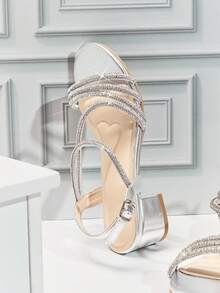 Mini mi 女童银色水钻装饰露趾粗跟派对凉鞋 - 公主舞会及派对高跟鞋 - 銀色 - 查看 7