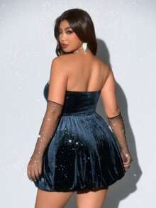 Viva Relle Plus Size Sexy Strapless Ruched Peplum Dress - Navy Blue - View 2