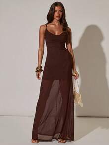 SHEIN BAE Women's Backless Beaded Dress, Brown Backless Dress, Vacation Dress, Suitable For Beach Holiday And Casual Occasions - Brown - View 1