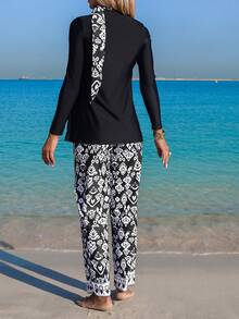 Swim Mulvari 26ss Summer Vacation Beach Resort Middle Eastern Conservative Long Sleeve Long Pants Abstract Paisley Black & White Floral Women Camisole Strap Bikini,New Women's Swimwear ArrivalFor School,Suitable For Holiday, Date, Afternoon Tea, Western, Cruise, Beach, Island, Road Trip, All Seasons, Music Festival, Boho Vacation,Bohemian Vacation, Chill Autumn ,Western Boho ,Elegant Tops For Women Long Sleeve Two Piece Set Modest Two Piece Set Two Piece Set Women Skirt Black And White Maxi Dress Black And White Two Piece Set - Black - View 2