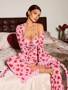 Slumberist 3pcs Sexy Red Heart Print Lace-Up Robe, Mesh Camisole And Shorts Set Red Heart Print Sleepwear Heart Print Pajama Set Two Piece Sleepwear Set Pink Heart Pajamas Pajamas Set Two Piece - Pink - View 1
