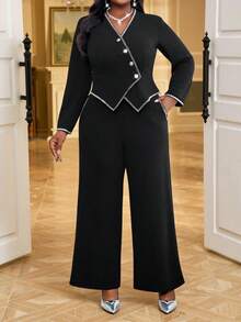 Fleurora Plus Size Women's Elegant Black Knitted Knitted Women Fall Sets Tank Dress Winter Women Sets Black Black Two Pieces Set Pants Suit - Black - View 4