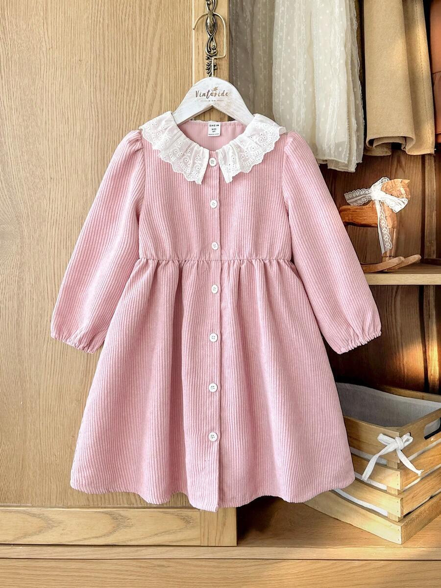 Vintaside Kids Rochie casual la modă pentru fete, de primăvară și toamnă, în stil coreean, cu guler din dantelă, cu mânecă lungă, potrivită pentru camping, vacanță, întâlniri sau ținută casual zilnică pe vreme blândă de toamnă - Roz - Vizualizare 1