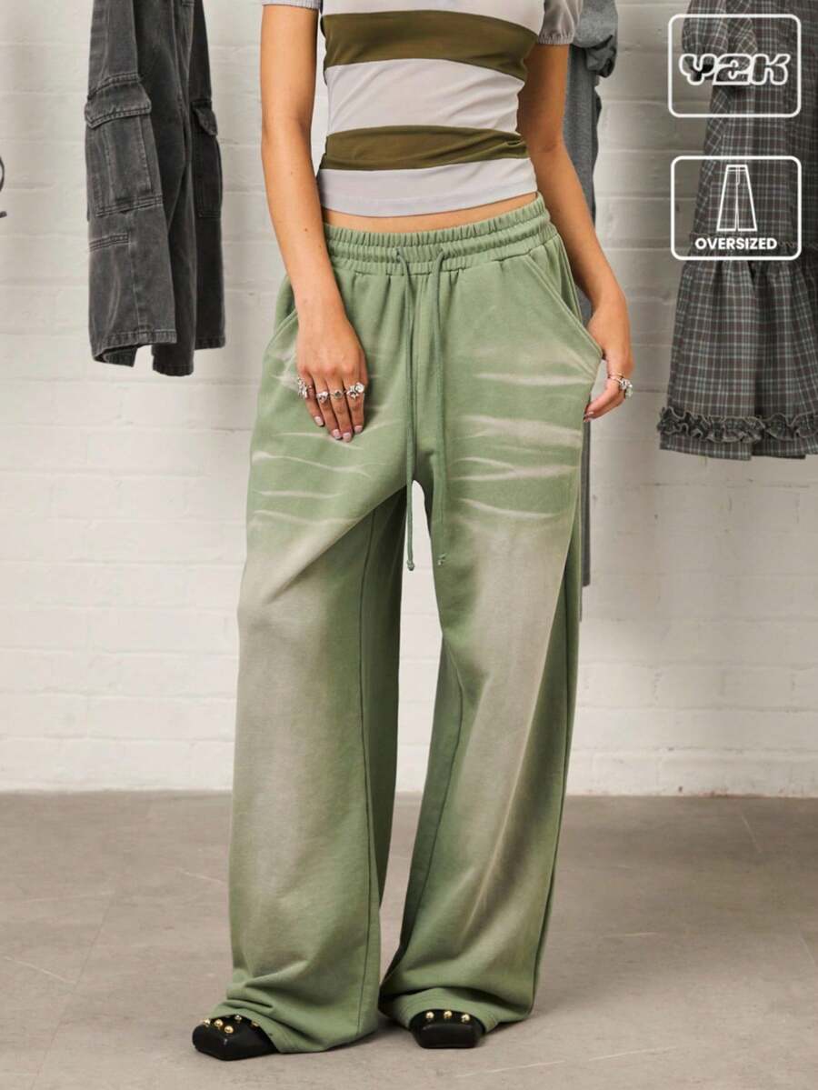 COUREZ 低腰超宽松水洗慢跑裤 / Y2K 秋季女装街头复古阔腿裤 - 綠色 - 查看 1