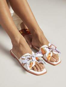 SHUZIA Sandal đế bằng nữ thanh lịch trang trí ruy băng - trắng - Xem 4