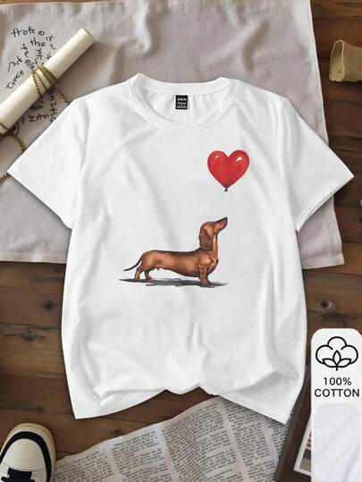 Resyla Cute Summer Top - Adorable Dachshund & Floating Heart Balloon Print Casual Women Round Neck Short Sleeve T-Shirt