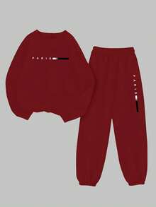 BamGleam 巴黎简约数码印花正面休闲舒适百搭女士羊毛运动衫和裤子套装 - 酒紅色 - 查看 3