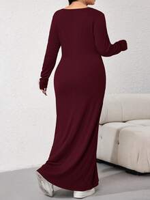 Mulvari 大码女式休闲日常通勤简约纯色长袖收腰连衣裙，春秋季 - 酒紅色 - 查看 4