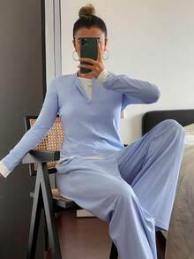 DAZY Bộ đồ mặc nhà 2 món dành cho nữ, gồm áo dệt kim có khóa kéo một phần và quần ống rộng, kiểu dáng thoải mái. - Màu xanh lam - Xem 3