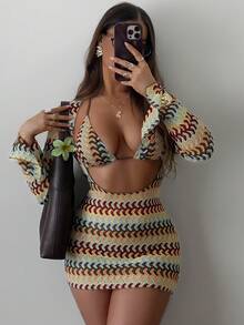 Swim SXY 3pcs/Set Sexy Colorful Hollow Striped Cover-Up, Triangle Bikini Swimsuit Set For Women, Spring/Summer - Multicolor - View 2
