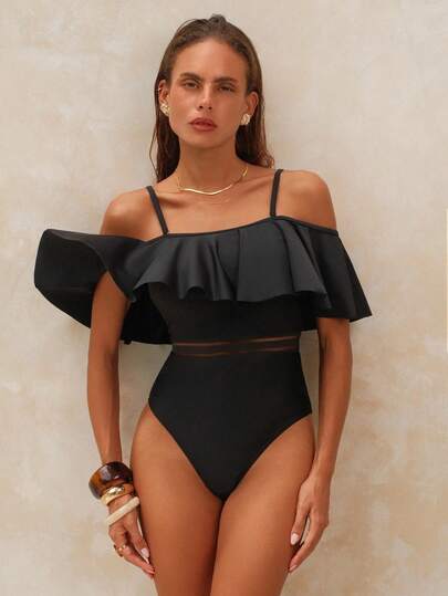 Swim Chiccia Women's One-Piece Ruffled Off-Shoulder Hollow Strap Splice Swimsuit, Black, Suitable For Beach & Resort