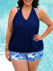 Swim Lushoire 2pcs Plus Size Women Halter Neck Printed Tankini Swimsuit Set - Multicolor - View 5