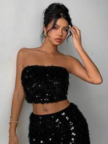 Aloruh 女士 Y2K 性感串珠刺绣仿皮草吊带背心 - 黑色 - 查看 3