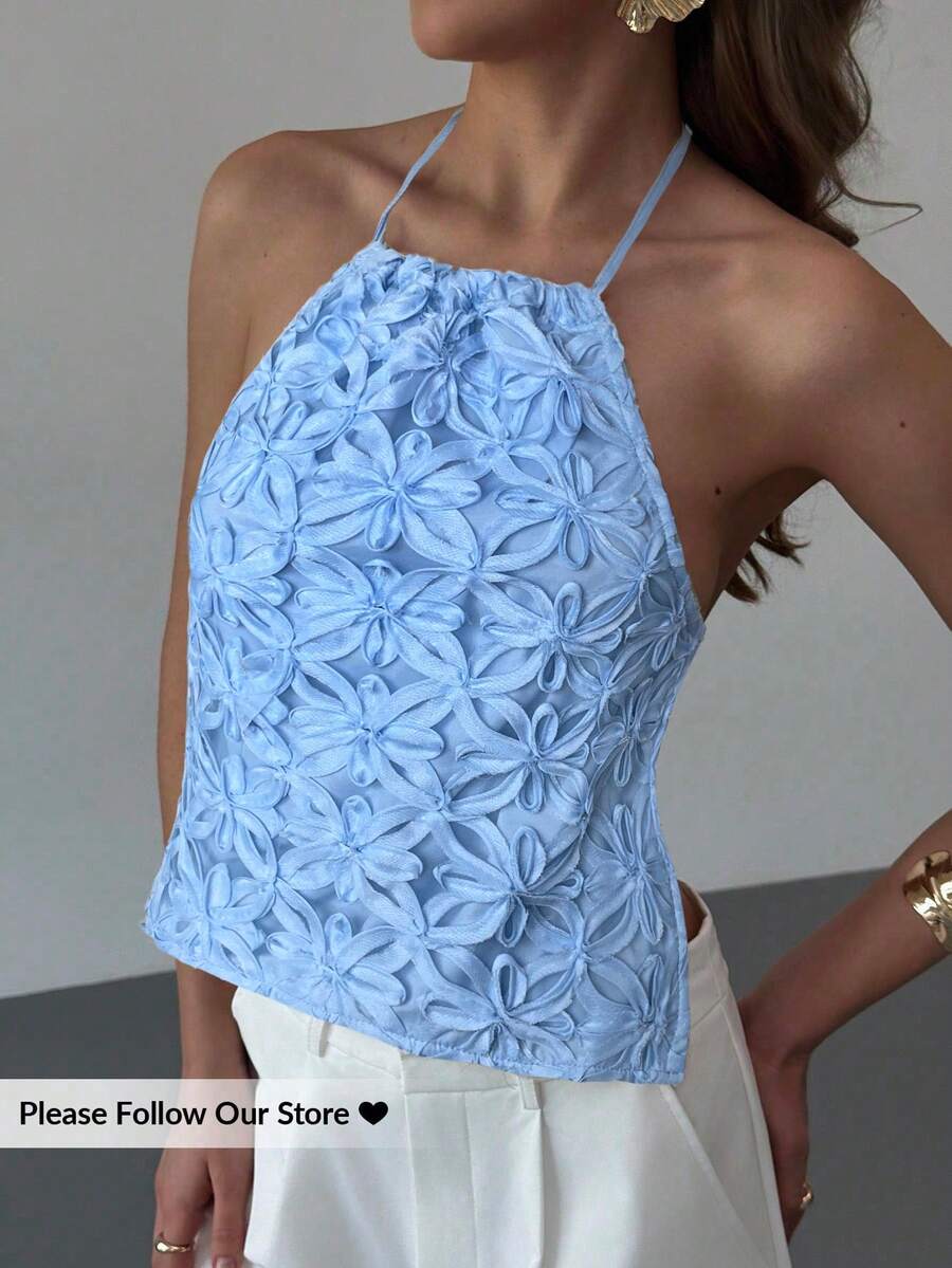 Aloruh Top halter con espalda descubierta y nudo delantero, de unicolor y estilo jacquard, casual y sexy para vacaciones, de verano - Celeste - Ver 1
