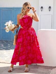 Vivid Eden Plus Size Women's Red Summer Boho Satin Vacation Holiday Floral Print Maxi Dress,Elegant Halter Cutout Backless Design Birthday Party Outfit - Red - View 1