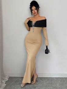 SHEIN Elenzya 女士优雅黑色露肩珍珠装饰连衣裙，适合日常穿着、婚礼、晚宴、通勤、毕业典礼、节日、约会、派对、万圣节、圣诞节、新年、感恩节等场合。 - 卡其色 - 查看 6