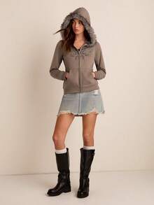 Easelle 女士水钻仿毛领连帽衫 - 灰色 - 查看 1