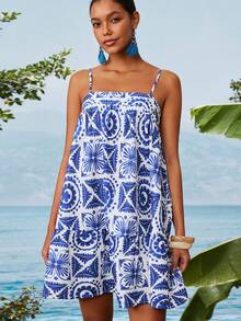 Travachic Đầm slip kiểu vintage phối màu tương phản dành cho nữ - Xanh và trắng - Xem 6
