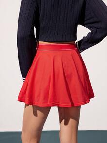 CourtClass Women's Contrast Stripe Ruffle Trim Tennis Dress, Summer Red Tennis Skirt Red Skirt Cheerleader Skirt - Red - View 2