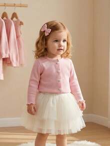 SHEIN Baby Girl Cute Pink Faux Fur Fabric Round Neck Long Sleeve 3-Layer Tulle Cake Dress Set, Versatile For Autumn/Winter - Pink - View 1