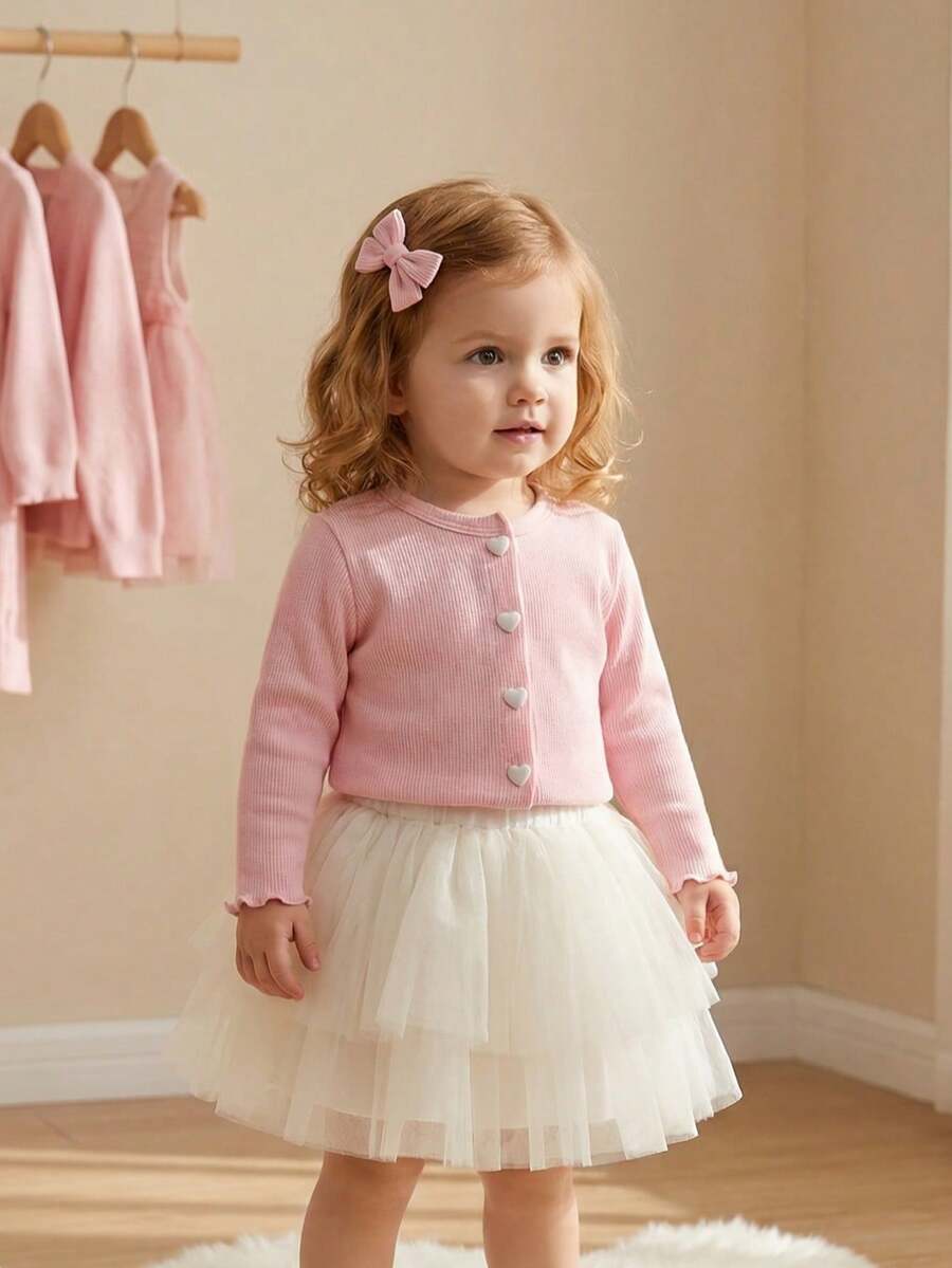 SHEIN Baby Girl Cute Pink Faux Fur Fabric Round Neck Long Sleeve 3-Layer Tulle Cake Dress Set, Versatile For Autumn/Winter - Pink - View 1