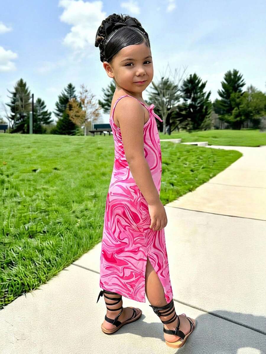 Young Girls' Chic Leopard Print Camisole Dress With Bow Hem And Side Slit, Casual Everyday Wear - Multicolor - View 1