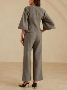 Aveloria Rosie Elegant Herringbone Puff Sleeve Cinched Waist Jacket And Pants Commuter Suit - Khaki - View 2