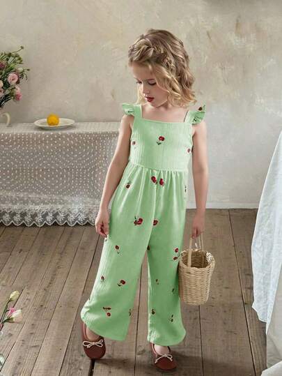 Genkimix Kids 一件复古休闲修身独特樱桃印花连体裤，适合夏季户外活动和上学穿着。