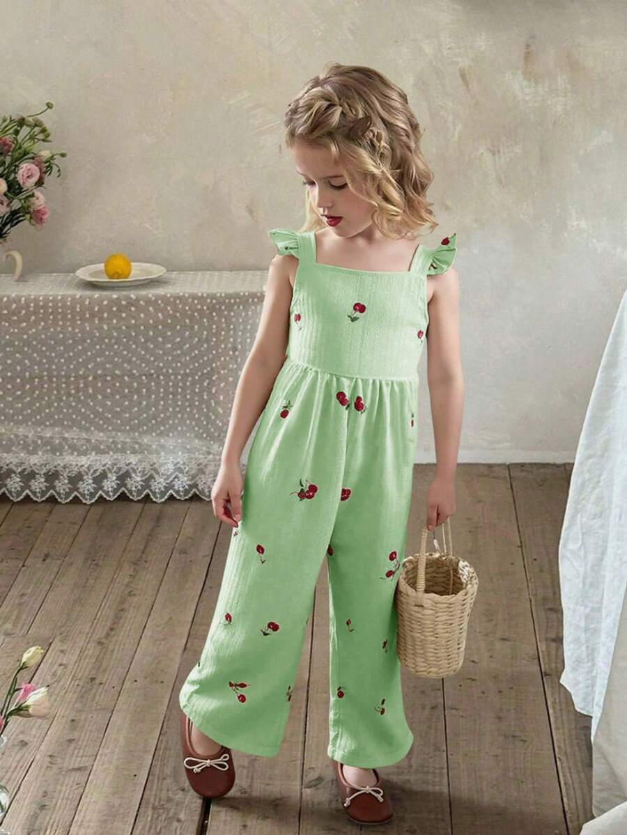 Genkimix Kids 一件复古休闲修身独特樱桃印花连体裤，适合夏季户外活动和上学穿着。 - 綠色 - 查看 1