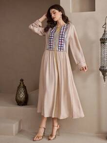 Al Najma Nuevo vestido versátil de uso diario, casual y holgado con bordado floral vintage - Camel - Ver 6