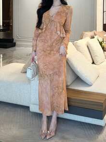 DAZY Women's Tie-Dye Print Tie Front Flare Sleeve Ruffle Hem Top And Spaghetti Strap Dress Elegant 2 Piece Set - Orange - View 6