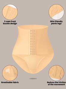 1pc Women High Waist Shapewear Shorts, Firm Control Waist Cincher With Hooks, Sexy Mesh Butt Lifter Shaping Pants - Apricot - View 3