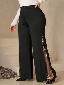 Chikora Plus Size Women Elegant Party Sequin Mesh Patchwork Wide Leg Loose Pants - Gold - View 2