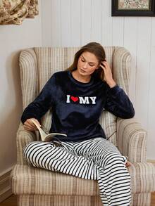 SHEIN Doze Lane Plush Striped Print Letter Embroidered Cozy Long Sleeve Top & Long Pants Women Loungewear Navy Blue Pajama Set, Fluffy Winter Clothes - Navy Blue - View 4