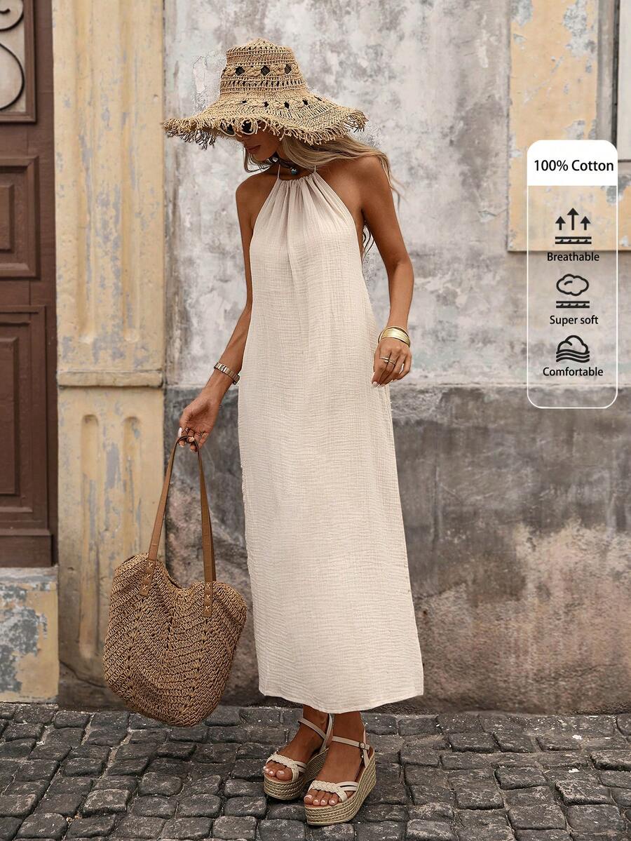 Brillora 素色高衩掛脖連衣裙 - 杏色 - 查看 1