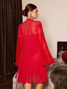 Slumberist 3D Floral Lace Contrast Mesh Camisole Nightgown With Robe, Women Sleepwear Set Red Lingerie Set Mesh Robe Red Nightgown Sexy 2 Piece Nightgown Lingerie With A Robe - Red - View 3