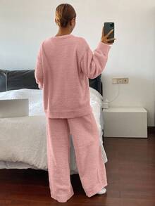 DAZY 2pcs Set Piyama Longgar Rajut Fleece Motif Es Krim untuk Wanita, Musim Gugur/Dingin - Berwarna merah muda - View 2