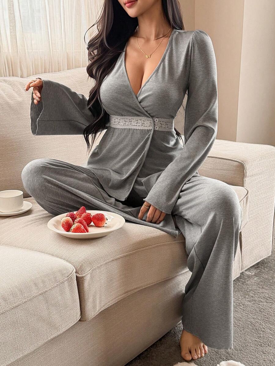DAZY Conjunto de pijama de mujer con cintura ceñida y parches de encaje de colores contrastantes - Gris - Ver 1