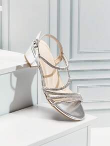 Mini mi 女童银色水钻装饰露趾粗跟派对凉鞋 - 公主舞会及派对高跟鞋 - 銀色 - 查看 2