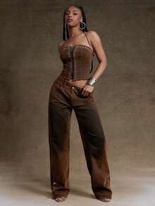 Denimoi 天鹅绒牛仔系带镂空束身胸衣，O形环细节，性感上衣，适合夜店、音乐会等场合穿着 - 棕色 - 查看 4