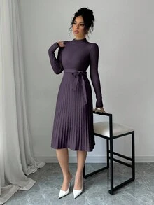 Selianne 纯色简约褶皱领优雅长袖毛衣连衣裙 - 紫色 - 查看 3