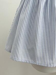 Elamini Blue & White Striped Cotton Fabric Crew Neck Backless Tie Ruffle Hem Mini Dress, Women's Spring/Summer Fashion, Elegant For Commute, Wedding, Graduation, Minimalist Daily Date, Versatile