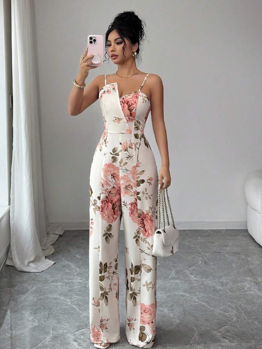 Rafferiza Women's New Digital Print Camisole Waist Wide Leg Jumpsuit, Suitable For Travel And Vacation Outfits - Apricot - View 1