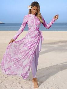 Swim Mulvari Spring/Summer Women's New Pink Floral Print 4-Piece Set: One-Piece Swimsuit With Sheer Skirt, Long Sleeve Top, And Slim Fit Pants, Modest Yet Fashionable Vacation Burkini Long Beach Dress Resort Wear Women Pink Floral Maxi Dress Long Sleeve Maxi Dresses Orchid Dress - Pink - View 8