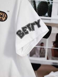 Betty Boop x SHEIN Women's Casual Leopard Print, Letter & Cartoon Figure Graphic Round Neck Short Sleeve T-Shirt, Summer - White - View 3