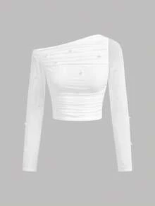 Teen Girl's Fashion Casual Studded Shoulder Long Sleeve Top - White - View 2