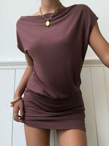 Muchica Women's Spring/Summer Y2K Basic Casual Brown Knitted Asymmetrical Batwing Sleeve Beltless Mini Dress - Brown - View 5